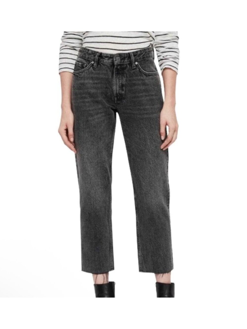 AllSaints Ava High Rise Straight Leg Jeans Size W27 Black Washed Frayed Hem